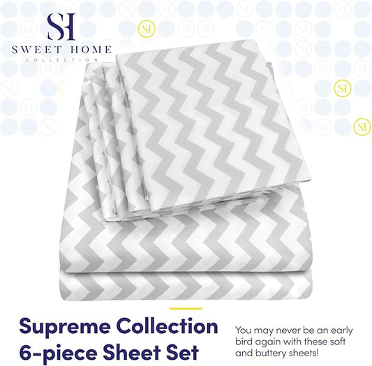 Queen Sheets Chevron Grey- 6 Piece 1500 Supreme Collection Fine Brushed Microfiber Deep Pocket Queen Sheet Set Bedding - 2 Extra Pillow Cases, Great Value, Queen, Chevron Gray