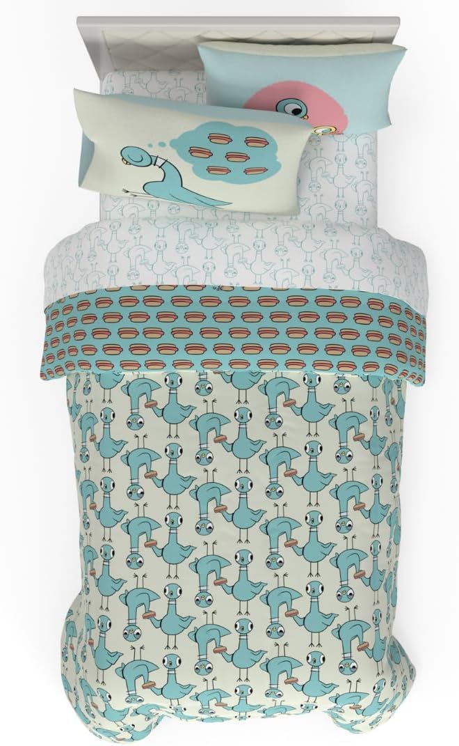 The Pigeon Finds A Hot Dog Twin Bedding Set – 5 Piece Super Soft Microfiber Reversible Comforter, Sheet Set & Sham - Book by Mo Willems (Officially Licensed Product) by Franco