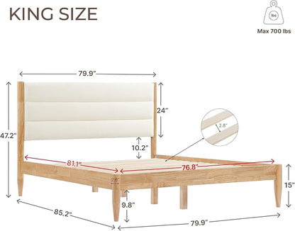 KISLOT Wood Bed Frame with Upholstered Headboard, Cream, King | Wooden Platform, Silent Slat Support, Mattress Foundation, No Box Spring Needed, Easy Assembly