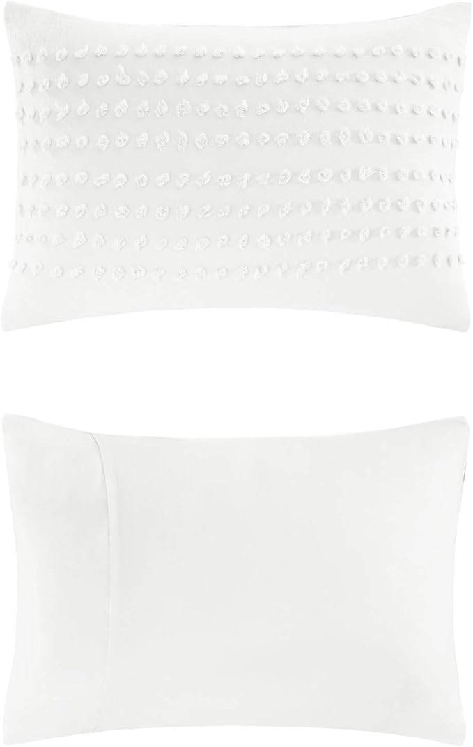 Comfort Spaces Cotton Comforter Set Jacquard Pom-Pom Tufts Design, Down Alternative, All Season Modern Bedding, Matching Shams, Full/Queen, Phillips, Ivory