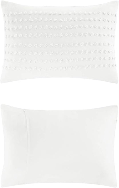 Comfort Spaces Cotton Comforter Set Jacquard Pom-Pom Tufts Design, Down Alternative, All Season Modern Bedding, Matching Shams, Twin/Twin XL, Phillips, Ivory