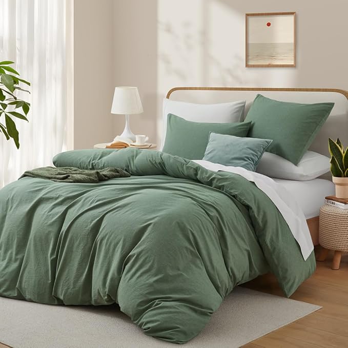 LOVQUE 100% Washed Cotton Duvet Cover King Size, Mint Green Fade-Resistant Natural Bedding Set (No Comforter), 104x90 Inches