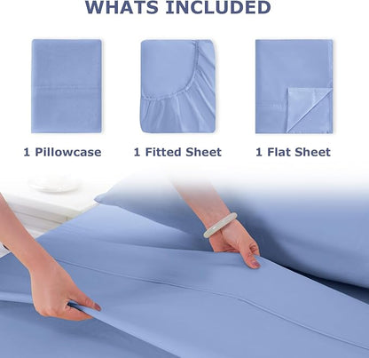 Twin XL Size Bed Sheet Set - 3 Piece Soft Microfiber Sheets with Deep Pockets, Cooling Technology, and Wrinkle-Free Pillowcase. Hotel-Quality, Durable Bedding, Chambray Blue