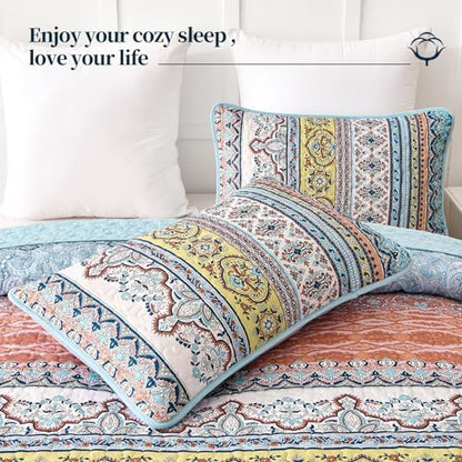 WONGS BEDDING Boho King Size Quilt, 3 Pieces Soft Bedspread, Pink Blue