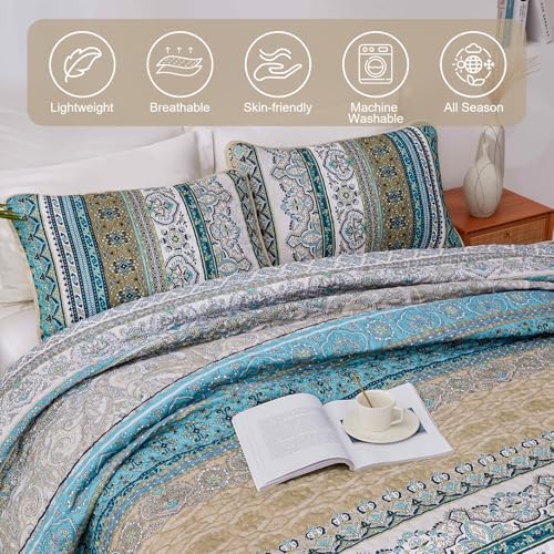 WONGS BEDDING Boho Quilt King Size,3 Pcs Bedspread Bedding Set, Blue Brown