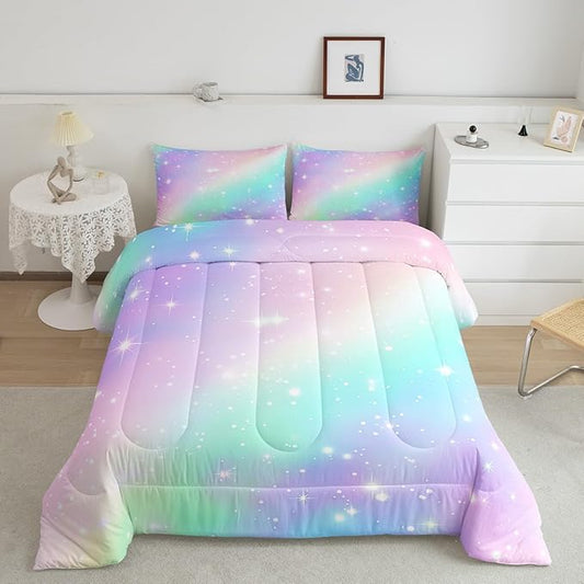 Rainbow Bedding Set For Kids Girls Teens Women Ombre Gradient Comforter Set Full Stars Galaxy Bedding Comforter Sets Watercolor Tie Dye Quilt Soft Lighweight Quilted Duvet Girly Bedroom Decor 3Pcs