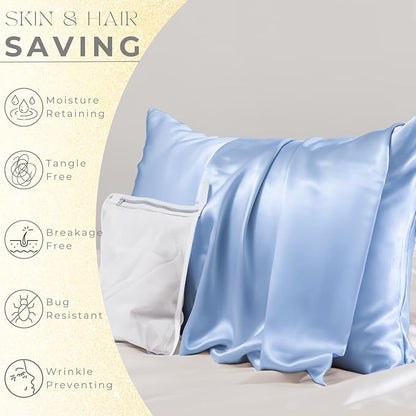 PROMEED 23 Momme Silk Pillowcase 2 Pack with Zipper, 3rd Gen Grade 6A+ 100% Mulberry Silk Pillow Case Set of 2, Cooling Pillow Cases for Hot Sleepers (King 20"x36", Light Blue)
