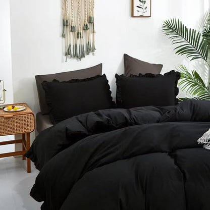 CLOTHKNOW Black Queen Comforter Set 3Pcs Ruffle Bedding Comforter Sets Shabby Chic Comforter Queen with 2 x Pillow Cases Farmhouse Bedding