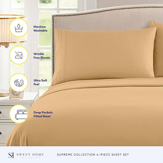 RV Queen Bed Sheets - Breathable Luxury Sheets with Full Elastic & Secure Corner Straps Built In - 1800 Supreme Collection Extra Soft Deep Pocket Bedding Set, Sheet Set, RV Short Queen, Camel