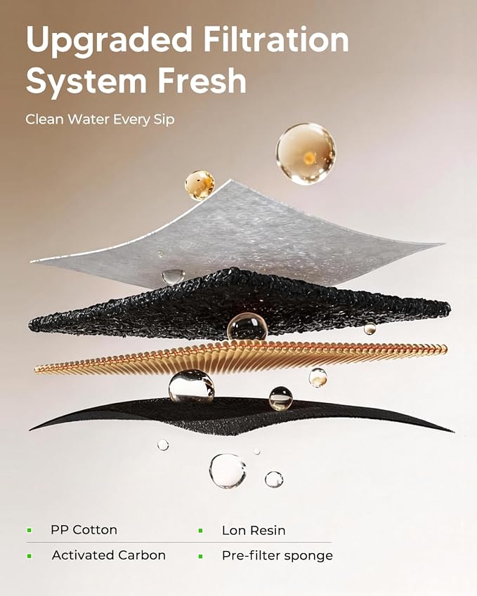 PEKTACO Stainless Steel Cat Water Fountain, 3.2L/108oz with 3 Filters | Cat water dispenser, dishwasher safe, with triple filtration, quiet pump, and visible water window for cats and small pets