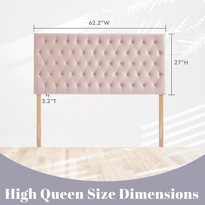 Upholstered Queen Headboard Only, Premium Velvet Button Tufted Headboards, Adjustable Solid Wood Head Board, Padded Headboard with Solid Wood Legs in Bedroom (Pink)