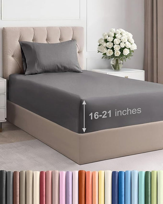 Extra Deep Pocket Twin XL Size Sheet Set - 3 Piece Breathable & Cooling Bed Sheets - Hotel Luxury Bedding with 16 to 21 inch Extra Deep Pockets - Soft, Fade & Wrinkle Resistant - Oeko-Tex - Dark Grey