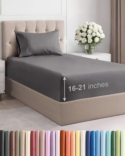 Extra Deep Pocket Twin Size Sheet Set - 3 Piece Breathable & Cooling Bed Sheets - Hotel Luxury Bedding with 16 to 21 inch Extra Deep Pockets - Soft, Fade and Wrinkle Resistant - Oeko-Tex - Dark Grey