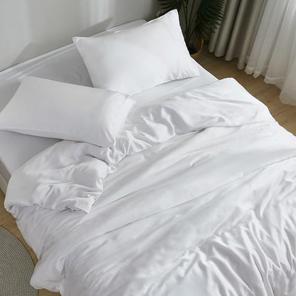DOZ Sheet Set, 100% Viscose derived from Bamboo, Organically Grown, Buttery Soft, Cooling Sheets, High GSM, Deep Pockets - 4 Piece - 2 Pillowcases 1 Fitted 1 Top Sheet (Snow, Queen)
