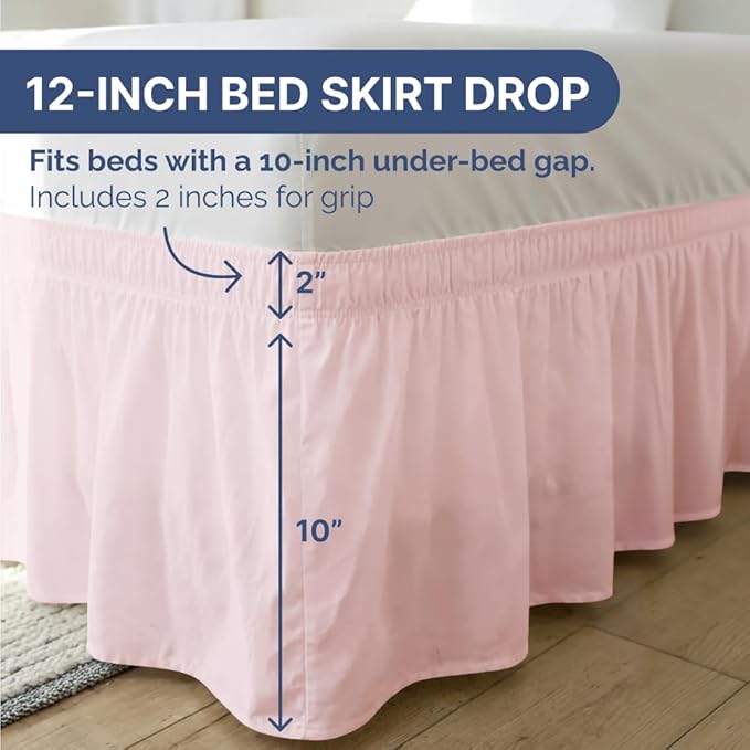 Wrap Around Dust Ruffle Bed Skirt - Lavender Pink - for Full Size Beds w/ 12 Inch Drop - Easy Fit Elastic Strap - Adjustable Pleated Bedskirt w/Brushed Fabric - Wrinkle Free, Women, Men, Kids & Teens