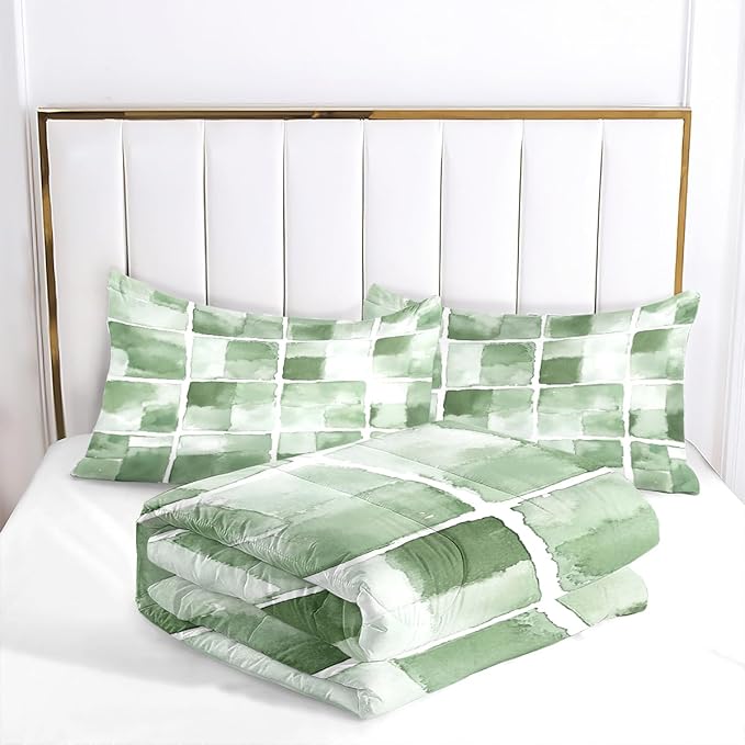 Geometric Checkered Plaids Patchwork Bedding Set King Size, 3Pcs Green Tie Dye Comforter Set for Girls Women Bedroom Decor, Includes Comforter (104" x 90") and 2 Pillowcases, All Season