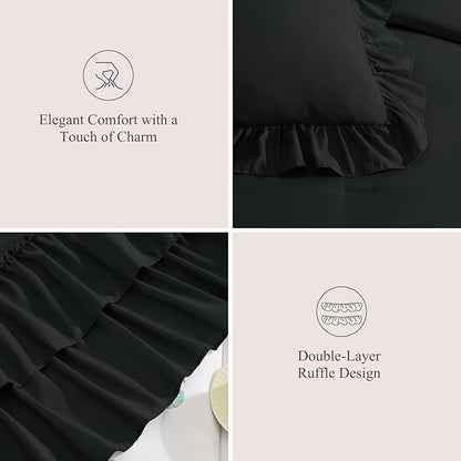 King Size Comforter Set Black, Ruffle Shabby Chic Bedding Set Farmhouse 7 Pieces, All Season Fluffy Bed in a Bag with Sheets, Pillowcases & Shams