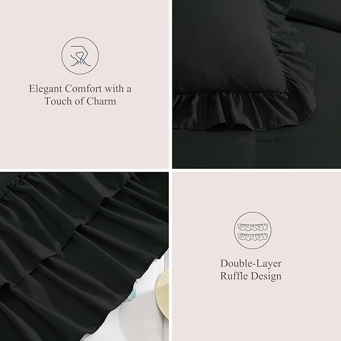 Queen Comforter Set Black, Ruffle Shabby Chic Bedding Set Farmhouse 7 Pieces, All Season Fluffy Bed in a Bag with Sheets, Pillowcases & Shams
