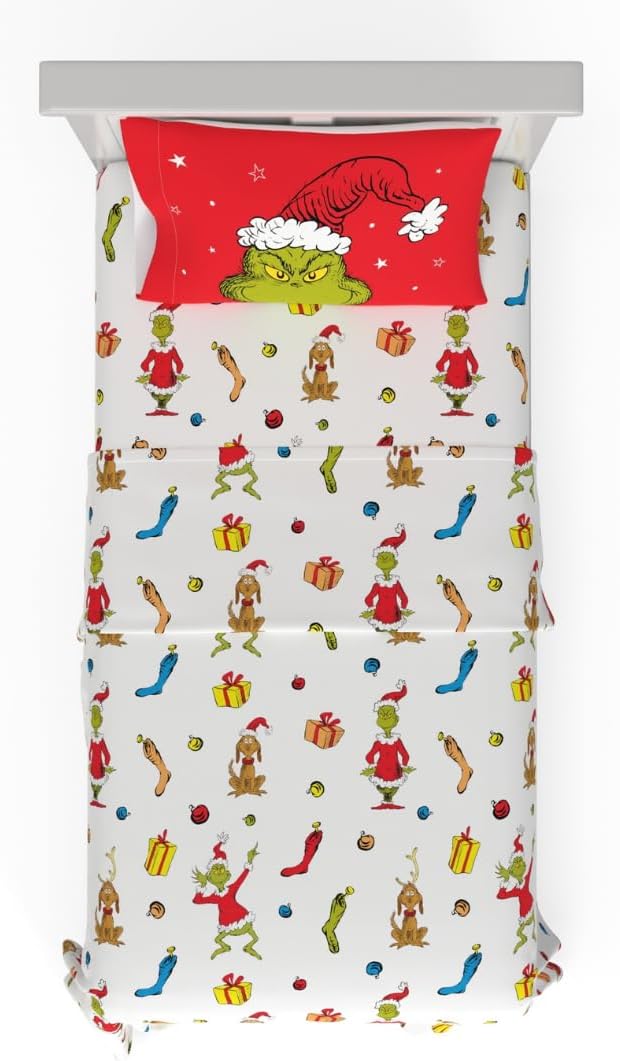 Collectibles Dr. Seuss The Grinch Holiday & Christmas Bedding Super Soft Microfiber 3 Piece Twin Sheet Set, (Officially Licensed Product) by Franco
