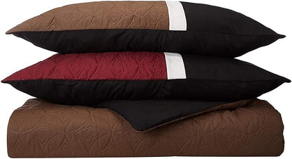 Chezmoi Collection Upland 7-Piece Quilted Patchwork Comforter Set, Burgundy/Black/Brown, Queen