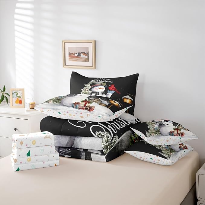 Castle Fairy Xmas Snowman Reversible 7 Pieces Comforter Set,Funny Christmas Trees Bed Sheet Set for Kids Teens Boys,Exotic Bird Winter Cabin Decor Bedding Set with Comforter,Fitted & Flat Sheet,Queen