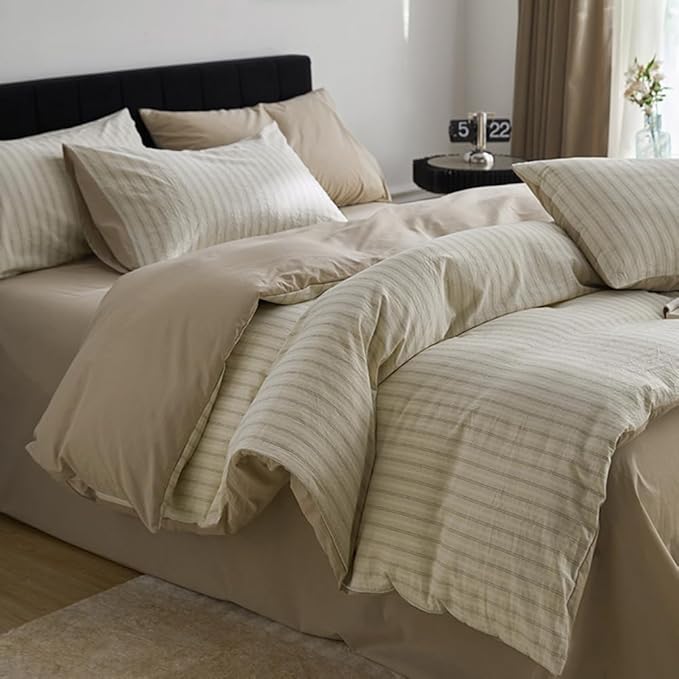 Nayoroom Beige Striped Duvet Cover Queen Size 100% Washed Cotton Duvet Cover Linen Like Textured, Reversible 3 Pieces Soft Breathable Yarn-Dyed Stripe Girls Dorm Bedding Set for All Seasons