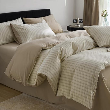 Nayoroom Beige Striped Duvet Cover Queen Size 100% Washed Cotton Duvet Cover Linen Like Textured, Reversible 3 Pieces Soft Breathable Yarn-Dyed Stripe Girls Dorm Bedding Set for All Seasons