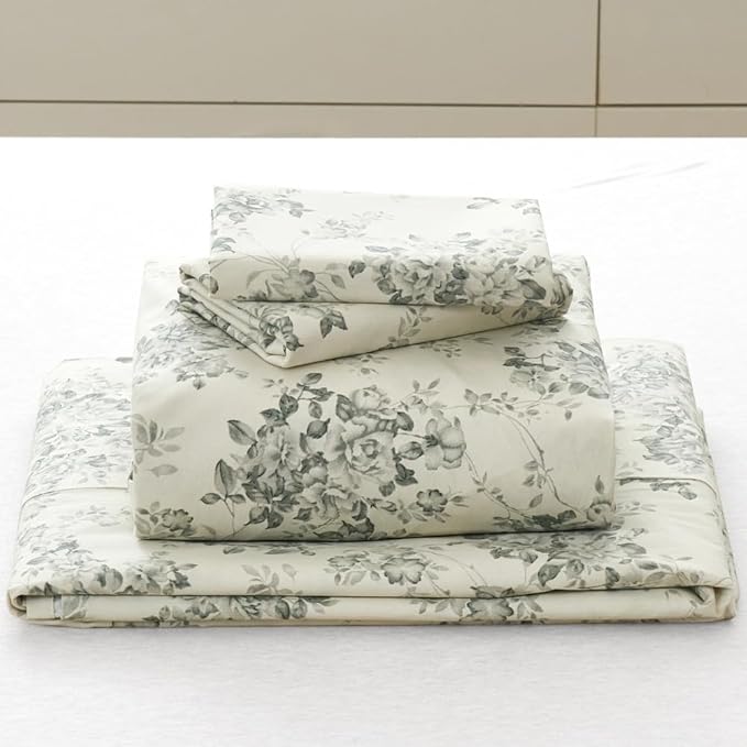 DAUAOTO 100% Cotton Bedding Printed Sheets Set for Queen Size Bed Up to 14" Deep Mattress, Toile Rose Floral Pattern Bedlinen Sets, Gray