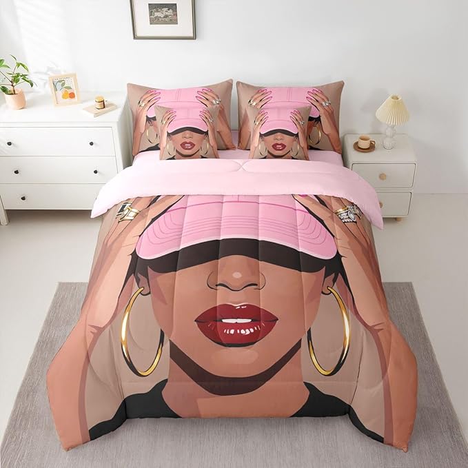 Erosebridal Black Girls Twin 7 Piece Bedding Set Fashion Black Woman Comforter Sets For Girls Kids Vogue Fashionable Gorgeous Sheet Set African Princess Magical Bed In A Bag With Flat And Fitted Sheet