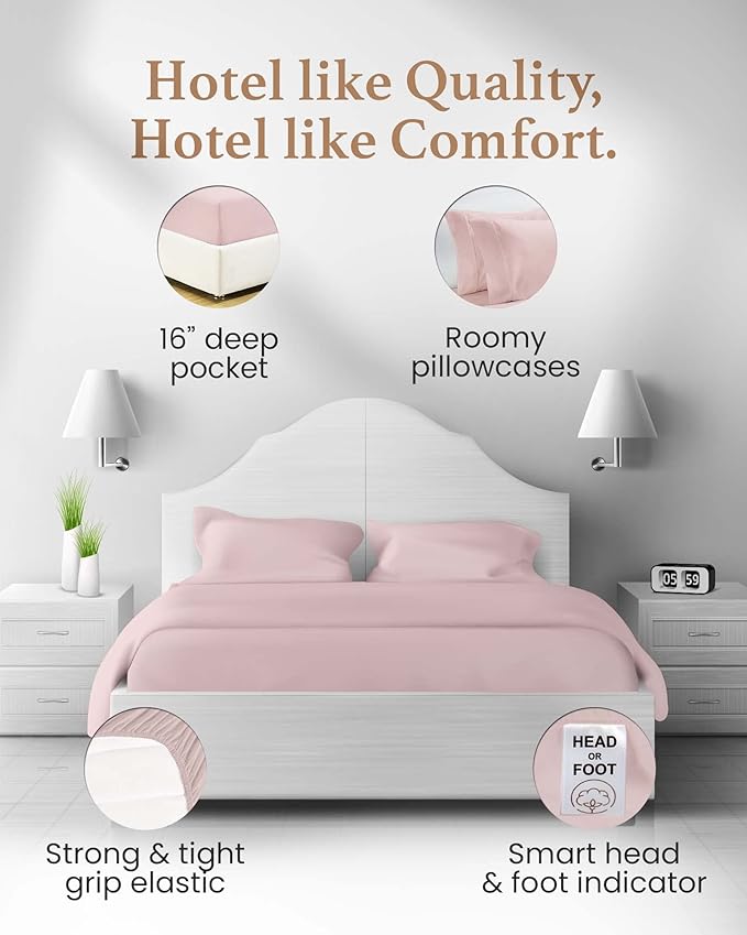 Good Sleep Bedding 1000 TC Queen Sheet Set - 4 Pc Cooling Sheets, 100% Egyptian Cotton Sateen, 16" Deep Pocket, Luxury Hotel Sheets - Blush