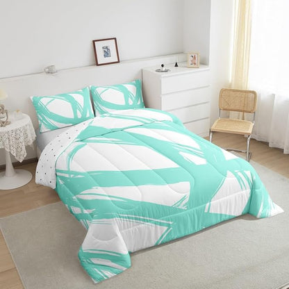 Turquoise and White Abstarct Comforter Set Twin Size for Kids Boys Girs,Graffiti Stripes Lines Bedding Set,Aesthetic Geometric Duvet Insert for Minimalists,Contemporary Boho Modern Art Quilt