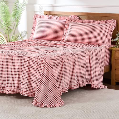 Gingham King Sheet Set, Lightweight Super Soft Brushed Microfiber Plaid Bed Sheets with 16" Deep Pocket, 4 Piece Ruffle Farmhouse Bedroom Decor, Red