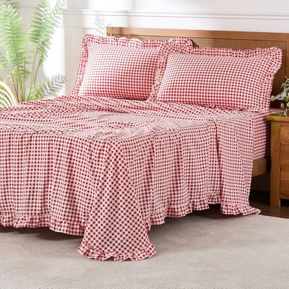 Gingham King Sheet Set, Lightweight Super Soft Brushed Microfiber Plaid Bed Sheets with 16" Deep Pocket, 4 Piece Ruffle Farmhouse Bedroom Decor, Red