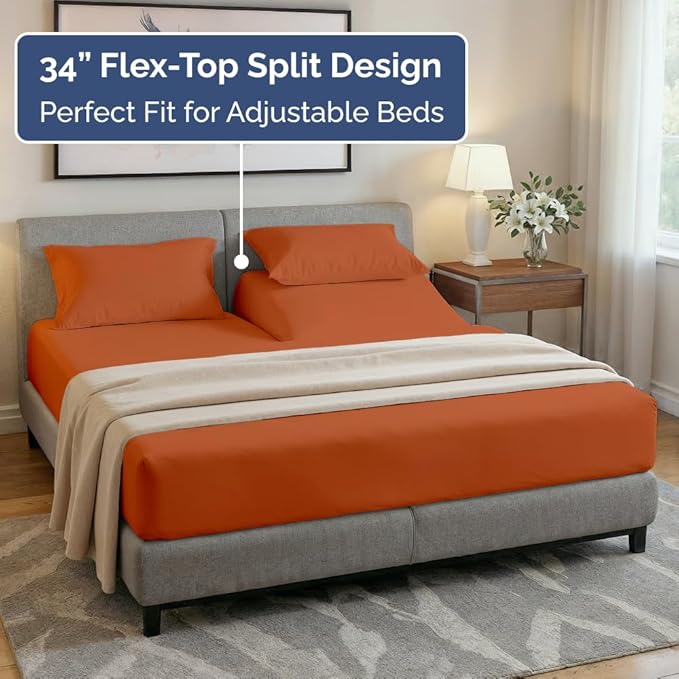 Flex Top Split Head King 4 Piece Sheet Set - Comfy Breathable & Cooling Bed Sheets Set - Hotel Luxury Bedding for Women, Men, Kids, Teens, Boys & Girls - Deep Pockets, Soft and Oeko-Tex - Terracotta
