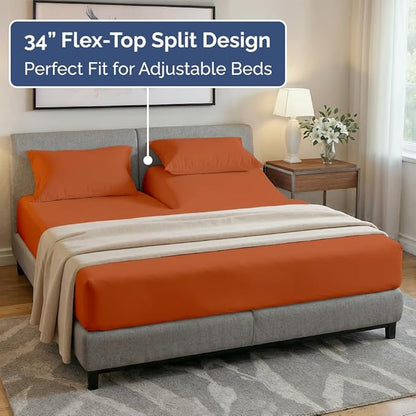 Flex Top Split Head King 4 Piece Sheet Set - Comfy Breathable & Cooling Bed Sheets Set - Hotel Luxury Bedding for Women, Men, Kids, Teens, Boys & Girls - Deep Pockets, Soft and Oeko-Tex - Terracotta