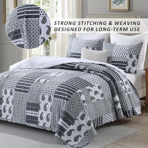 HIARUO Quilt Set Queen Size, 3 Pieces Bedspread Coverlet Plaid Patchwork Quilt Farmhouse Queen Size Comforter Set Lightweight Bedding with 2 Pillow Covers Shams for All Season Gray