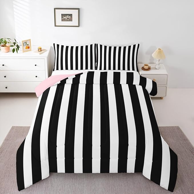 Erosebridal Black and White Striped King Comforter Set (Pink Reversible) | Striped Bedding Set Pink and Black Comforter Sets for Kids Teens Adults Cute Pinstripe Girls Bed Quilt Sets