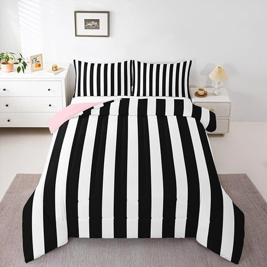Erosebridal Black and White Striped King Comforter Set (Pink Reversible) | Striped Bedding Set Pink and Black Comforter Sets for Kids Teens Adults Cute Pinstripe Girls Bed Quilt Sets