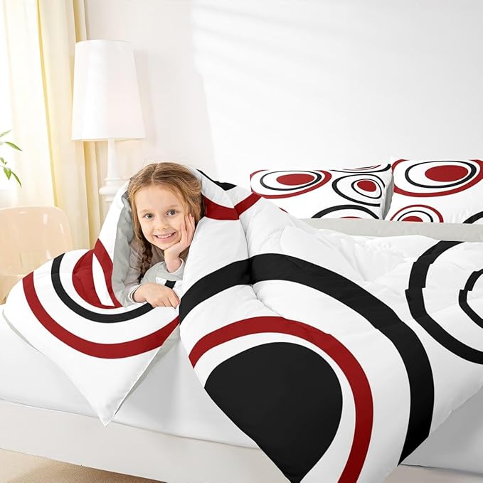 Erosebridal Red Black Circles Queen Comforter Set for Adult Women Men Striped Abstract Bedding Set Modern Geometric Bed Set Minimalism Lines Boho Simple Art Quilt Set