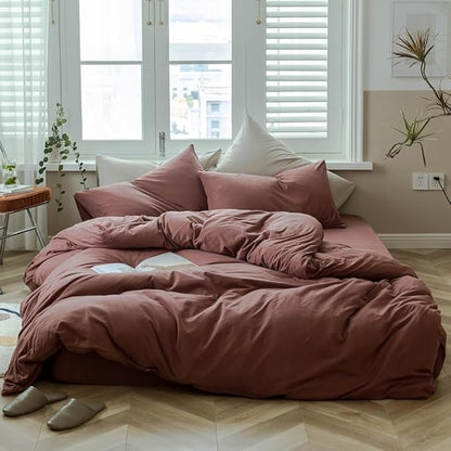 LifeTB Brick Red Duvet Cover Full Size Soft Jersey Knit Cotton Bedding Set Minimalist Clay Rust Red Comforter Cover 3 Pieces Solid Color Bedding Set Knitted Cotton Duvet Cover with 2 Pillowcases