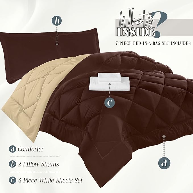 Elegant Comfort 7-Piece Bed-in-a-Bag Comforter & Sheet Set - Luxury 1500 Thread Count Twin Size, Super Cozy, Wrinkle and Stain Resistant, Brown/Cream