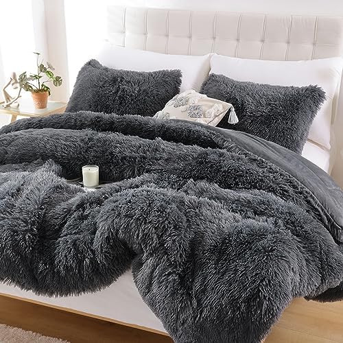Smoofy Fluffy Full Size Comforter Set, Dark Grey Faux Fur Comforter 3 Pcs