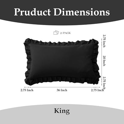 Ruffle Pillow Cases King Size Set of 2 – Soft Wrinkle Resistant Brushed Microfiber Ruffled Pillowcases –Envelope Pillow Shams Cover Festive Gift for Hotels, Guest Rooms 20x36 Inch (Black)