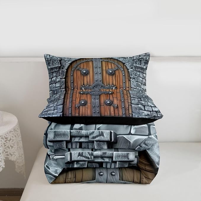 Castle Walls Comforter Set Toddler Size 2 Pcs,Medieval Themed Bedding Set,Knight Wall Quilt Set for Child Bedroom,Duvet Insert,1 Pillowcase