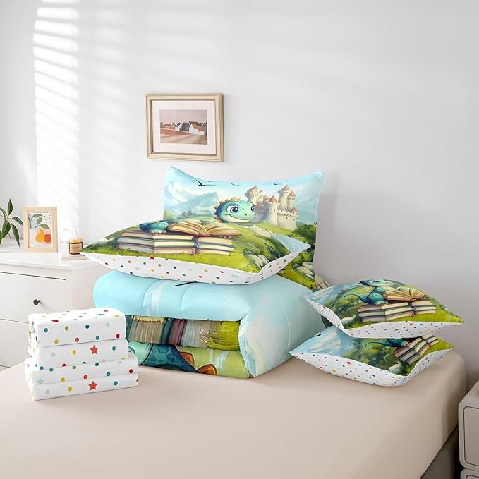 Kawaii Dinosaur Comforter Set King Size,Castle Mountain Scenery Bedding Set for Kids Teens,Cartoon Wild Animal (Comforter+Fitted+Flat Sheet+2 Pillowcases+2 Throw Pillow Covers) 7 Pieces