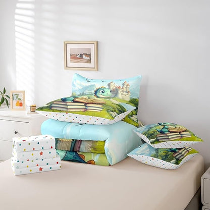 Kawaii Dinosaur Comforter Set King Size,Castle Mountain Scenery Bedding Set for Kids Teens,Cartoon Wild Animal (Comforter+Fitted+Flat Sheet+2 Pillowcases+2 Throw Pillow Covers) 7 Pieces