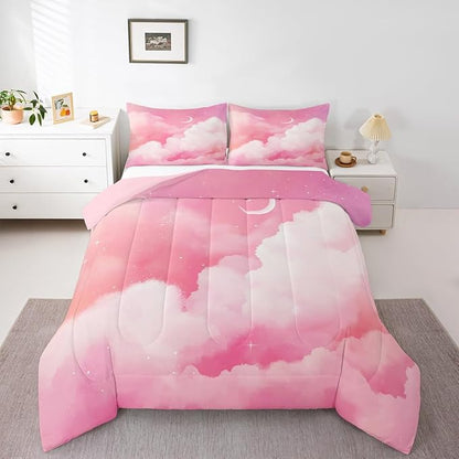 Moon and Stars Comforter Set Twin,Pink White Tie Dye Bedding Set for Girls Women Room Decor Reversible Aesthetic Marble Down Alternative,Galaxy Space Quilted Duvet Insert Cute Warm All Season