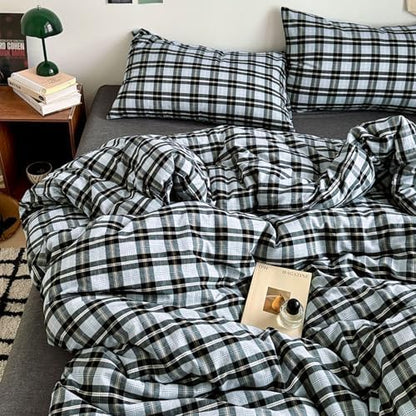 LifeTB 3 Pieces Plaid Comforter Set Full Size, Soft Fluffy Vintage Plaid Checkered Comforter with 2 Pillowcases, Lightweight Breathable Grey Black Gingham Bedding Comforter Farmhouse Grid Bedding Set