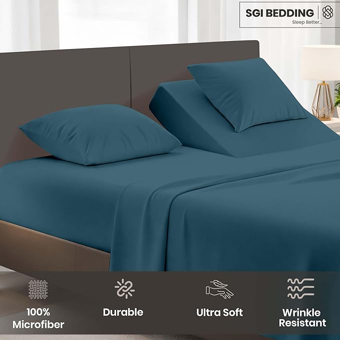 SGI bedding Adjustable Split Head Flex Top Queen 28" Microfiber Sheet Set – Ultra Soft, Cooling & Deep Pocket 15” Fitted, 4-Piece Breathable & Durable Bedding Set for Split Queen Beds -Teal