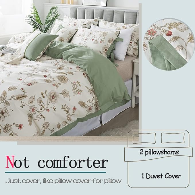 FADFAY Floral Bedding Set Queen 100% Cotton Shabby and Chic Beige Green Reversible Duvet Cover Vintage Pink Flower Print Bed Covers Luxury Girls Pretty Bowknot Soft Crisp Zipper Comforter Cover 3Pcs